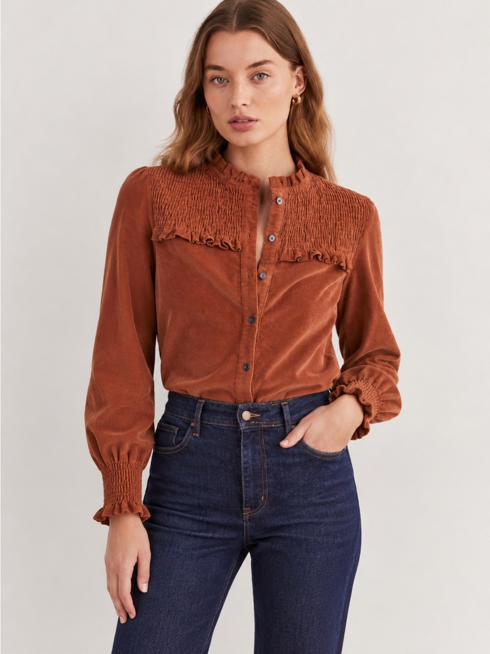Boden Smocked High Neck Corduroy Shirt Red Oak Rust Orange Size